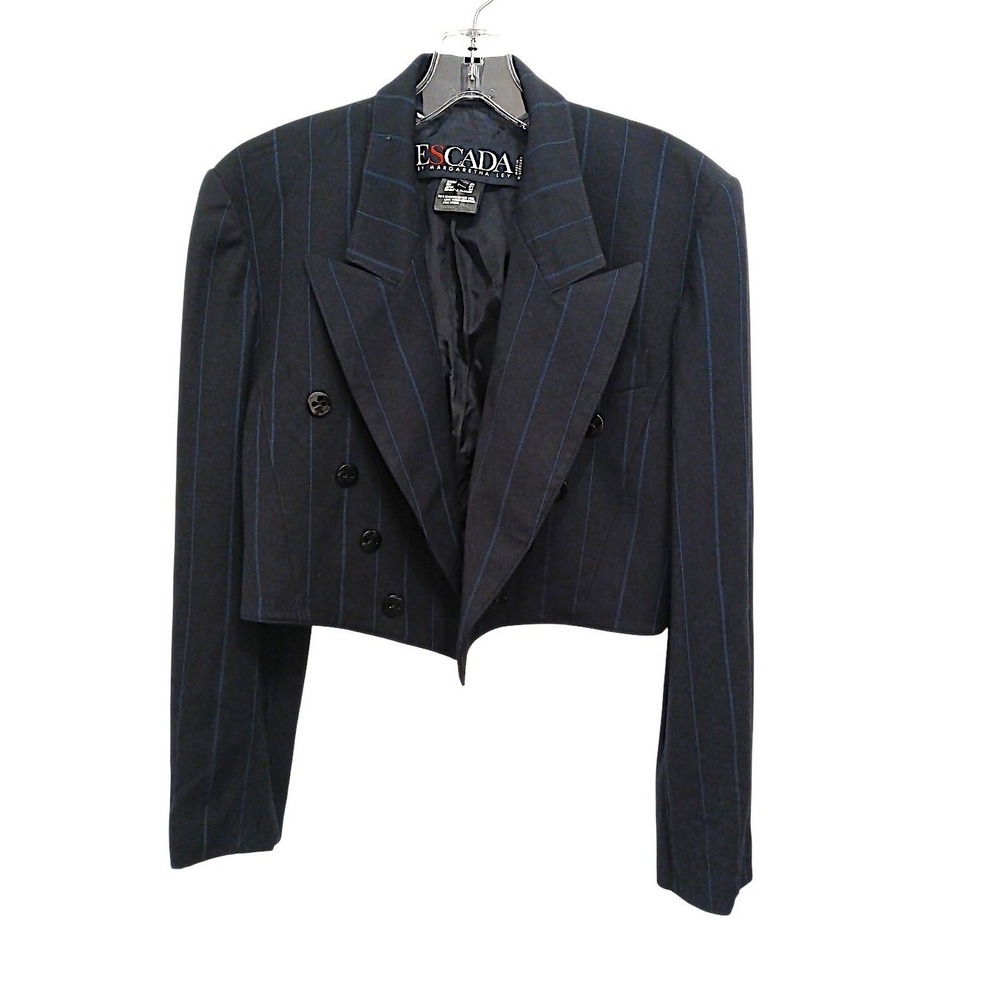 Vintage ESCADA Margaretha Ley Cropped Wool Plaid Blazer 38 Navy w Handkerchief